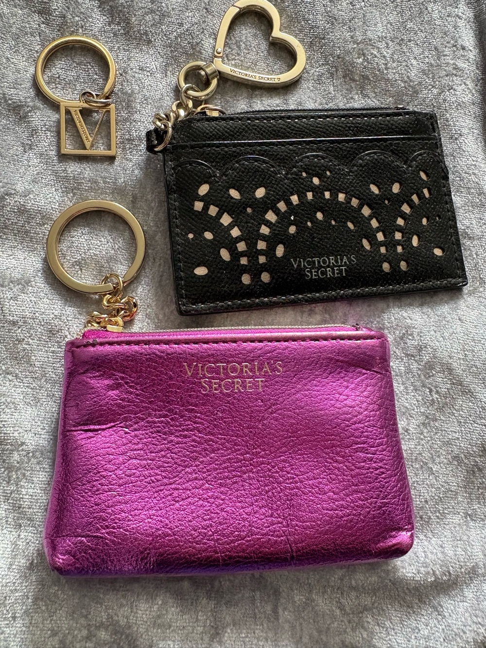Victoria's Secret Metallic Pink & Black Card Holder Zip Pouch & Gold Keychain